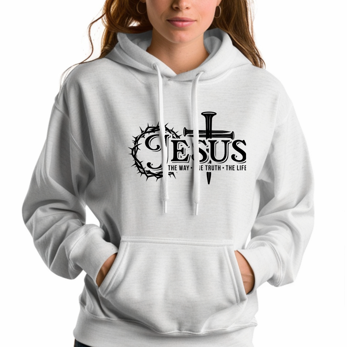 White hoodie with 'Jesus' design and text on a white background